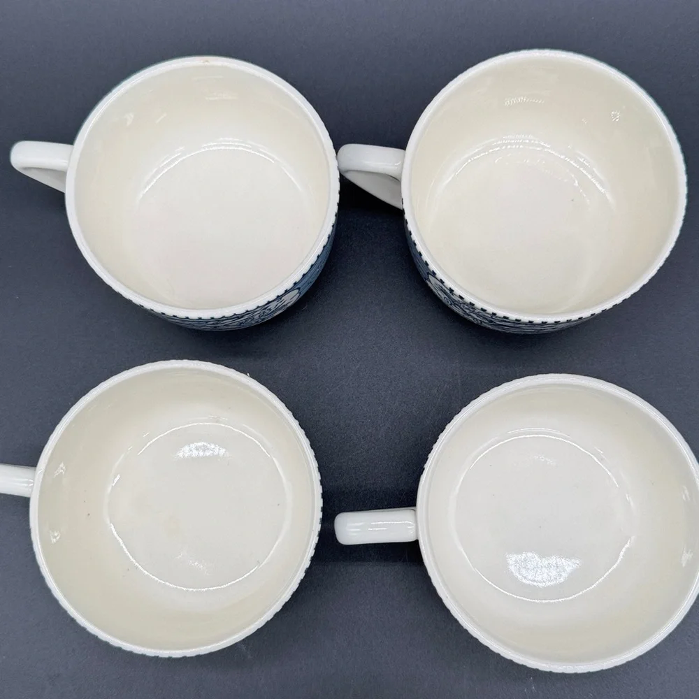 Currier & Ives Blue and Cream Ceramic Teacup Set